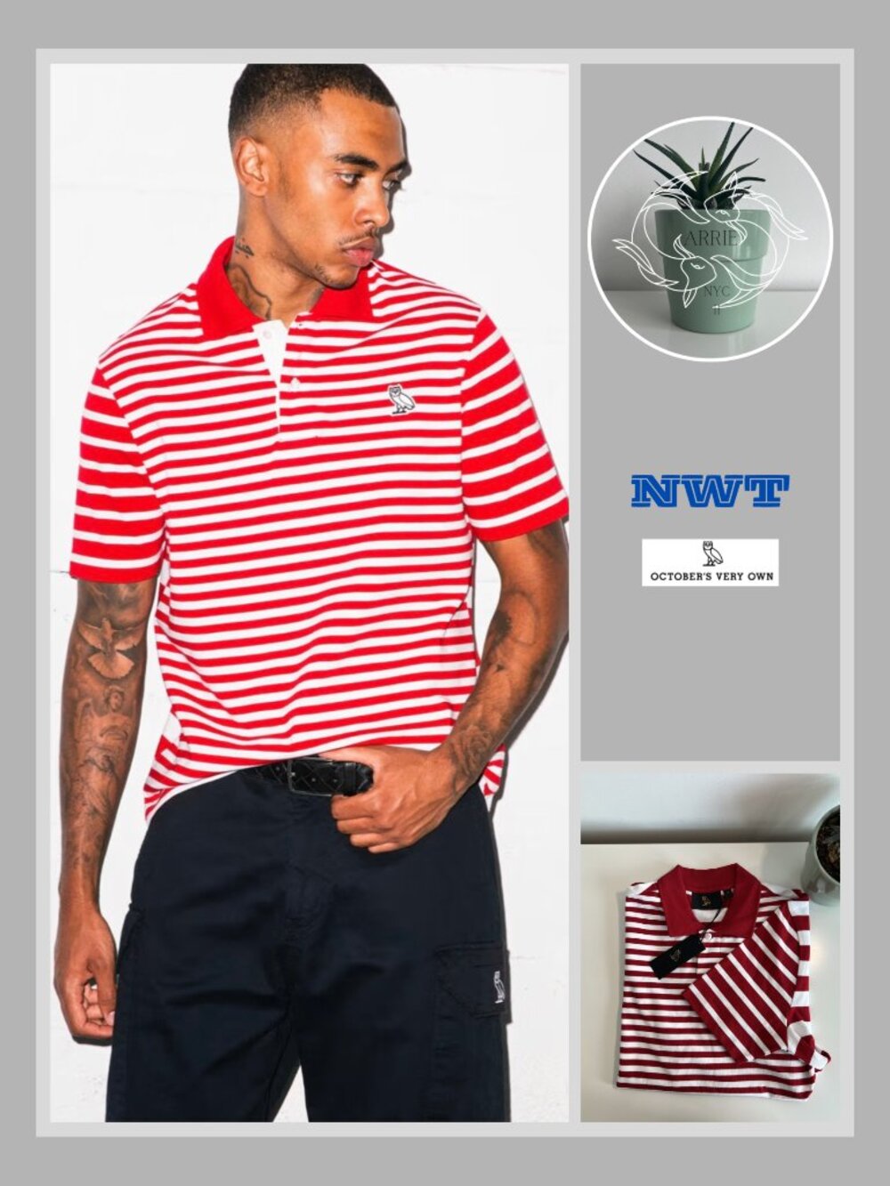 October's Very Own (OVO) Striped Polo Shirt - Red and White (S)